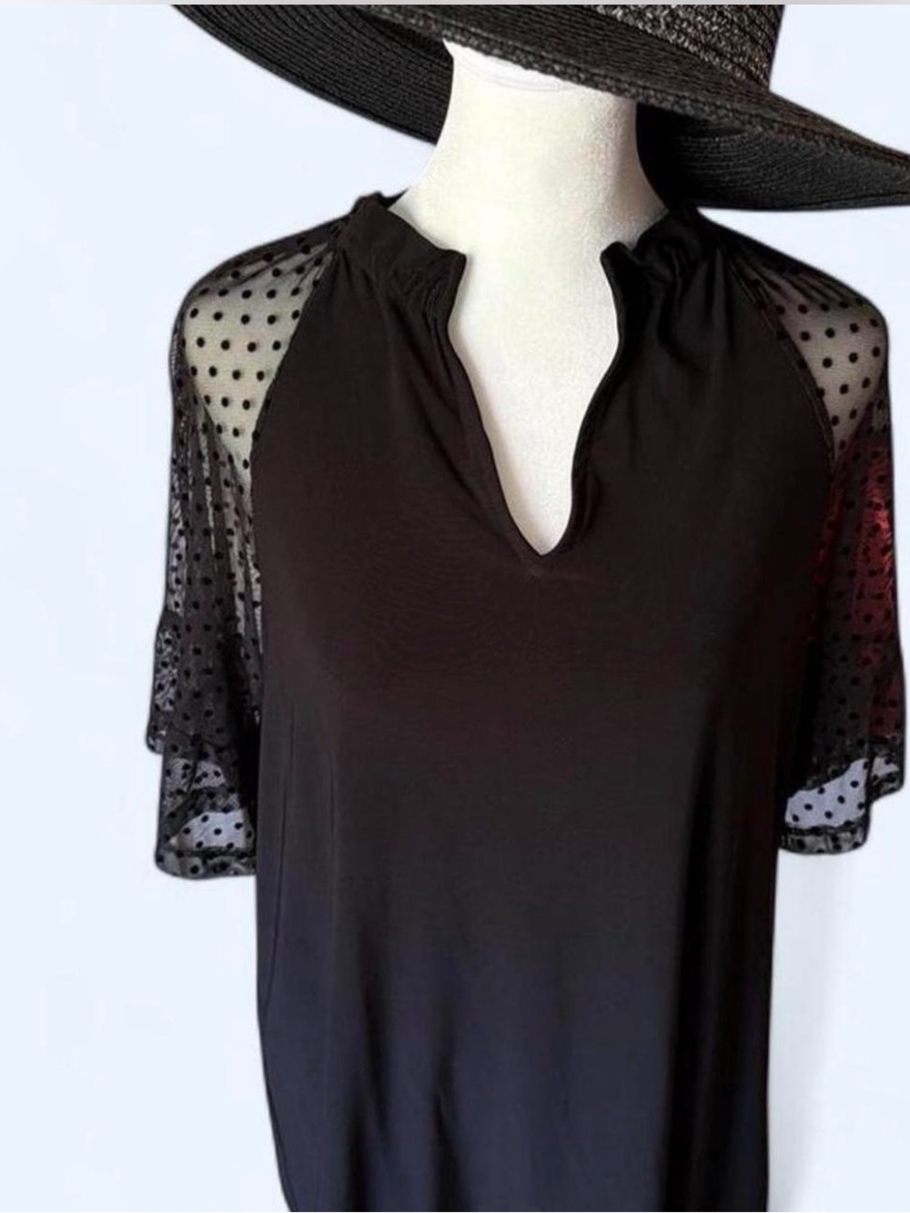 Women’s black tunic by Ann Klein, sheer polka dot bell sleeves. Medium. New/Tags